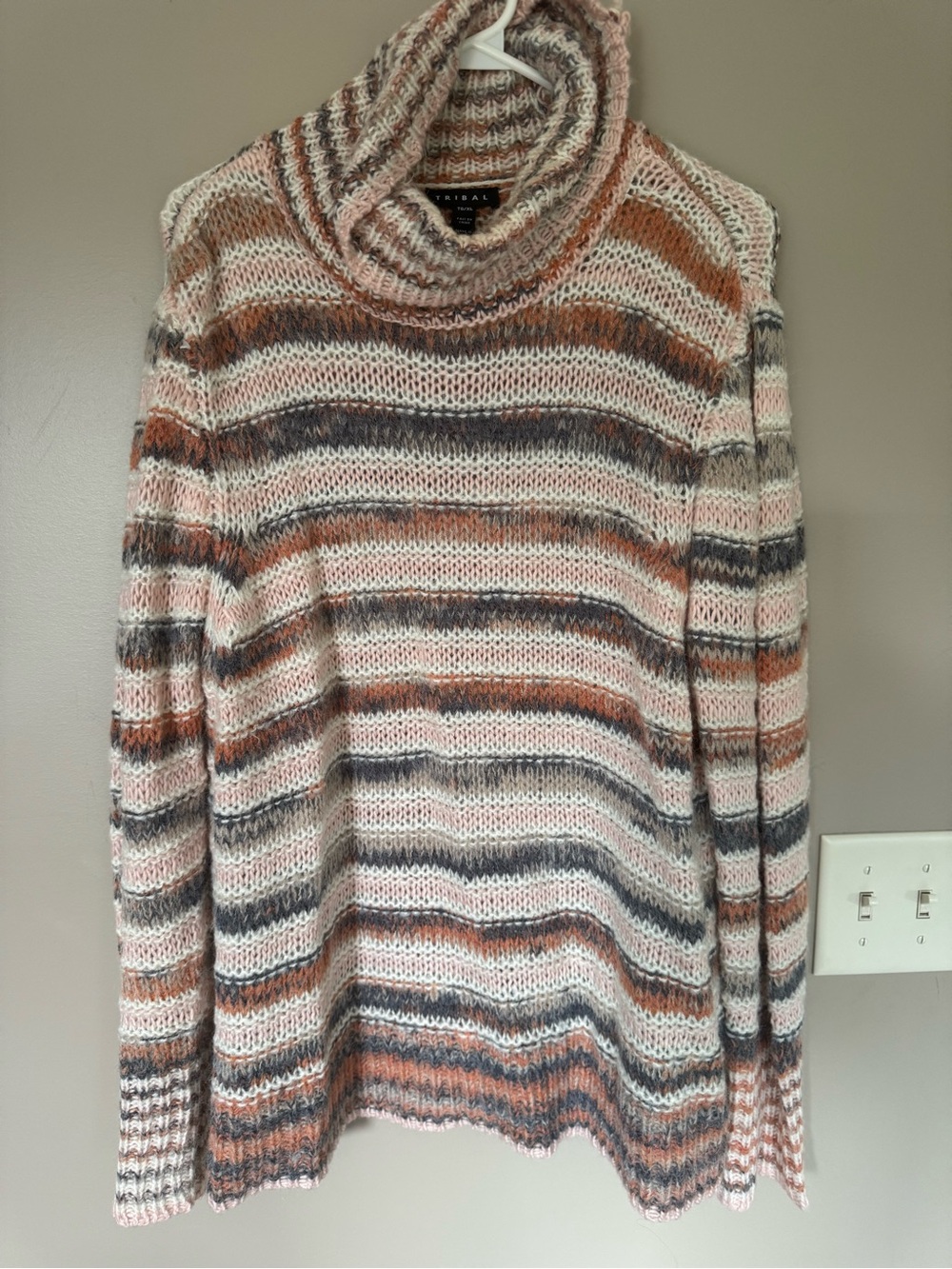 Tribal Striped Cowlneck Sweater in Pink, Brown & Gray